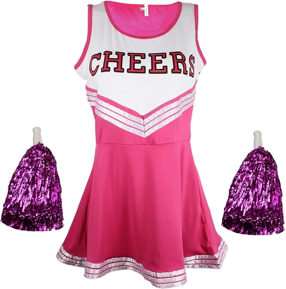 Cherry-on-Top Uniforme da cheerleader, con pompon, costume per musical a tema scuola superiore, 6 colori e 5 taglie disponibili
