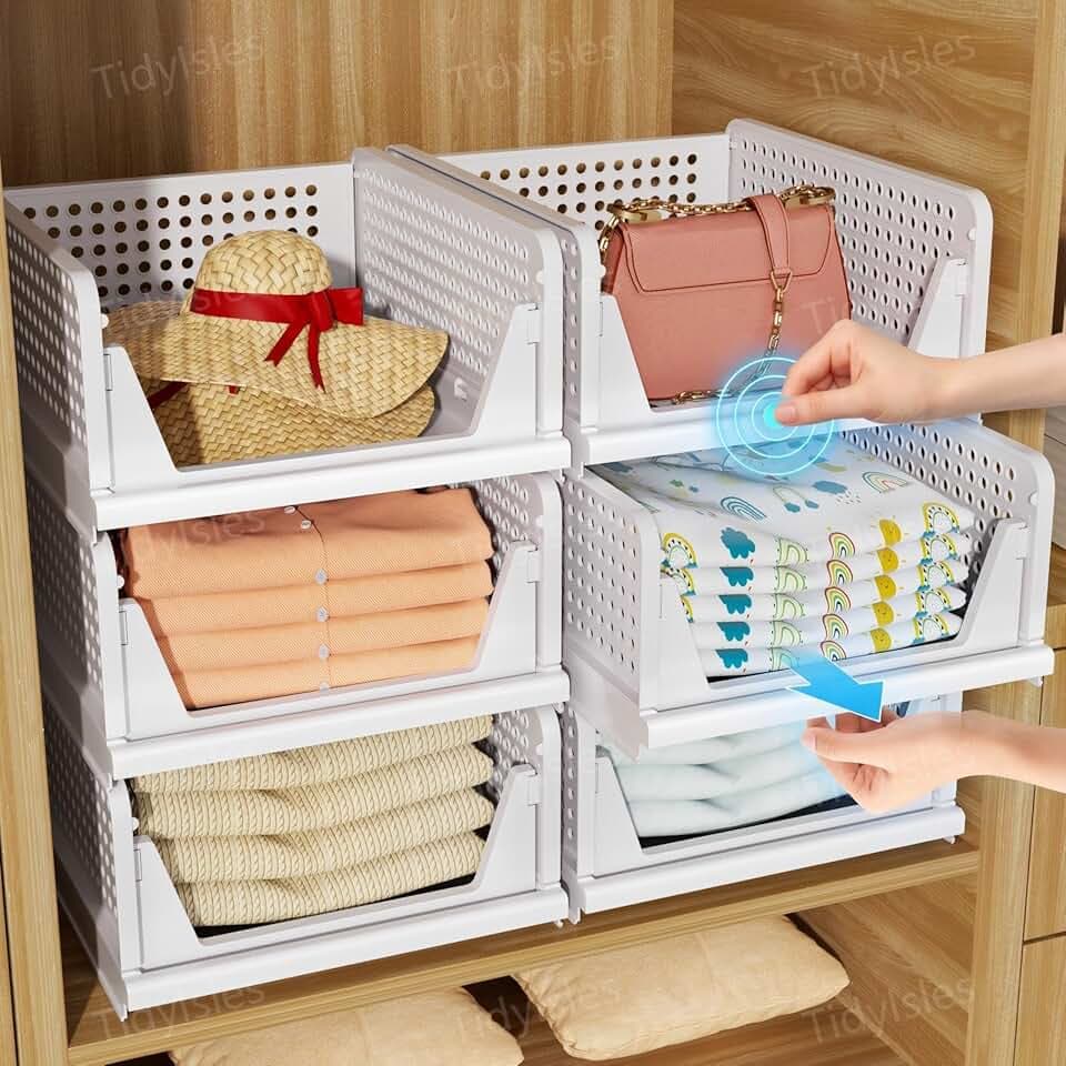 TidyIsles Wardrobe Storage Organiser - 4 Pack Folding Closet Organisers, Stackable Storage Boxes, Plastic Drawer Organiser Basket for Bedroom Kitchen Bathroom White