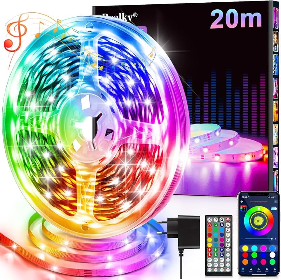 Realky Striscia LED, 20M RGB Luci Camera da Letto, Bluetooth APP Controllato Multicolor Strisce LED, Fancy Led Strip LED Musica Sincronizza per Decorare Scale, Festa, Cucina Casa, Gaming Room