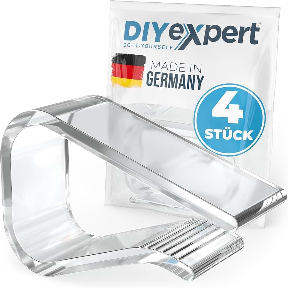 DIYexpert Mollette per tovaglia, trasparenti, prodotte in Germania, fino a 25 mm, 4 pezzi, resistenti alle intemperie e antiscivolo, mollette da tavolo per giardino, balcone e interni