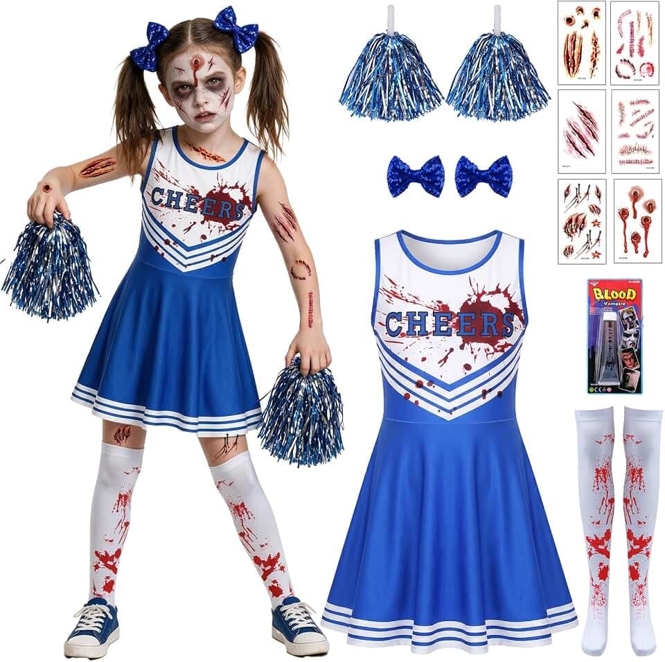 Cheerleader Zombie Bambina, Sanguinoso Costume Cheerleader Halloween, Vestito Zombie Bambina con Pom poms Fascia da Capelli Calzini Cicatrici Tatuaggio Sangue Falso, Cheer-leader Zom-bie per Party