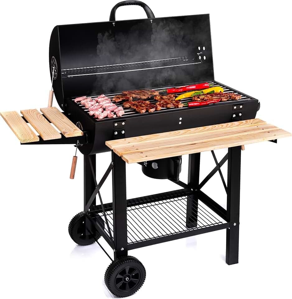 LEHMANN Barbecue a Carbonella con Griglia XL, Carrello Grill con Due Ripiani in Legno, Coperchio, Ruote, Manico non Riscaldante, Griglia a Carbone per Giardino, Terrazza, Campeggio
