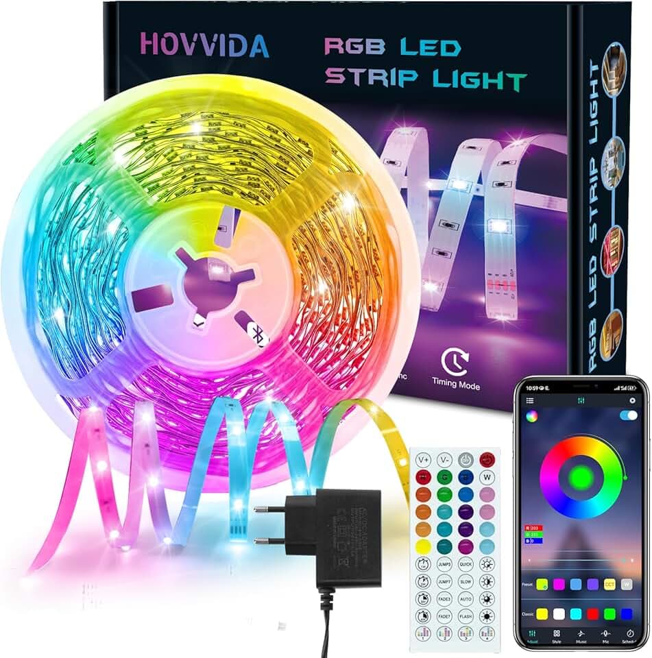 HOVVIDA Striscia LED 10M, 30 LED/Metro, 1x10M, 24V RGB LED, 300 LED, APP e Telecomando, Modalità Musica, LED per Camera, Soggiorno, Cucina, Camera da Letto, Bar, Festa Etichetta Energetica