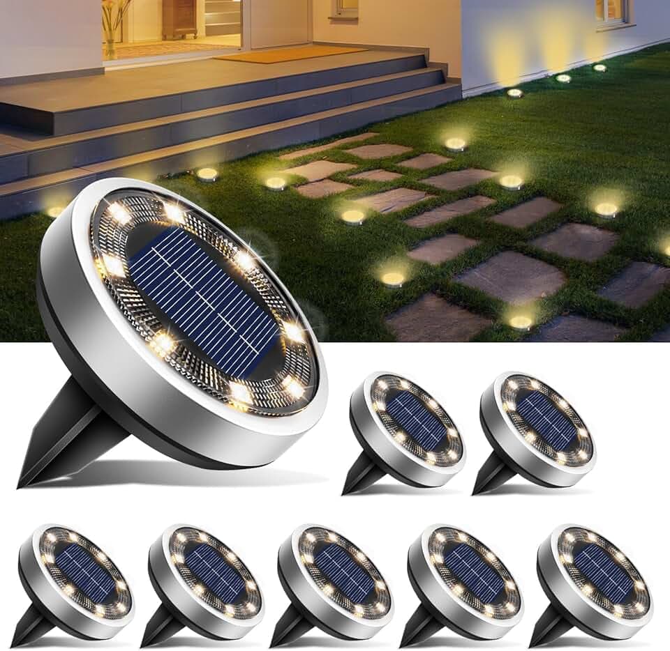 btfarm 8 Pezzi Luci Solari da Giardino, 8 LED Faretti Sepolta Solari a Led da Esterno, IP65 Impermeabile Lampade Faretto Solare da Terra per Prato Vialetto Cortile Strade Paesaggio, Bianco Caldo