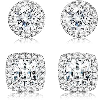 Dochais 2 Paia Orecchini Argento Sterling 925 Uomo Donna Orecchini Diamante Zirconi Cubici Quadrati Rotondi Brillantino Set Orecchino a Lobo Ipoallergenici Placcati Oro 14K Simulato Halo Argento/Oro