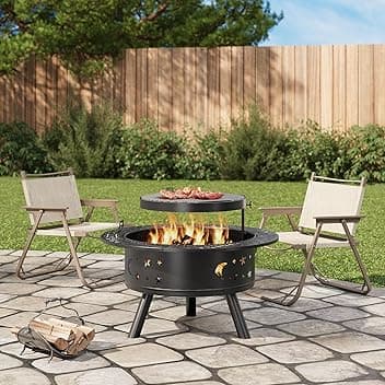 Xbro Ø89 cm Braciere con griglia e attizzatoio, bracieri da giardino, braciere multifunzionale con attizzatoio per giardino, riscaldamento, terrazza, falò e campeggio, Nero Recycled Claim Standard Blended