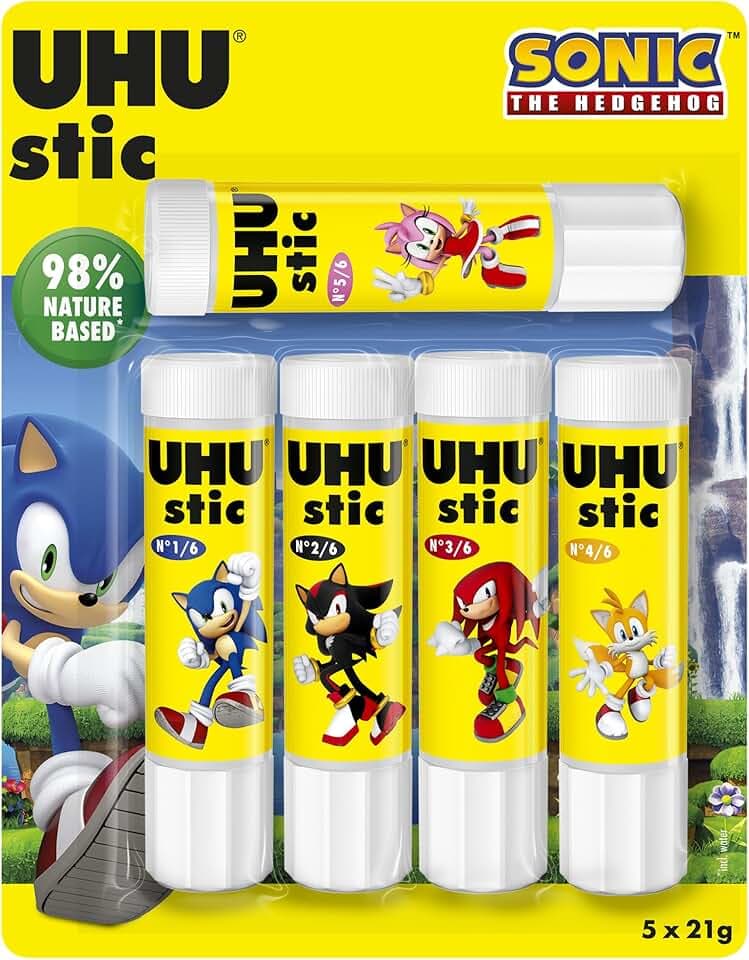 UHU Stic Sonic Limited Edition Collezionabili, Colla Stick per la Scuola Adatta ai Bambini, Senza Solventi, Colla Sicura per i Lavoretti, Box Composta da 5 Stick da 21g