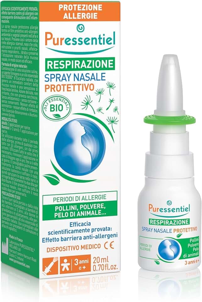 Puressentiel - Spray nasale protettivo - Dispositivo medico - Protezione allergie: pollini, polvere, pelo di animale - Formula di origine naturale - Olio essenziale di eucalipto radiata - 20ml