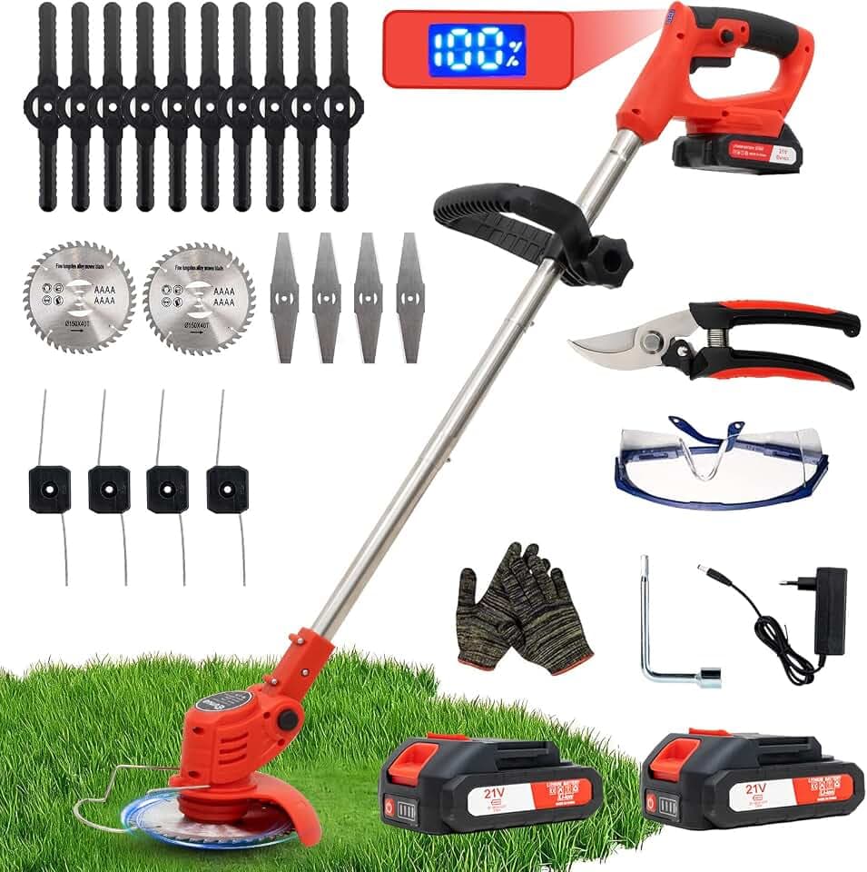 OUTIGO Decespugliatore a Batteria, Decespugliatore Elettrico a Batteria, dotato di 2 batterie e 4 lame, Tosaerba a batteria Tosaerba Pieghevole da 800W,adatto per tagliare l'erba di prati e cespugli