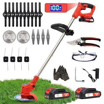 OUTIGO Decespugliatore a Batteria, Decespugliatore Elettrico a Batteria, dotato di 2 batterie e 4 lame, Tosaerba a batteria Tosaerba Pieghevole da 800W,adatto per tagliare l'erba di prati e cespugli