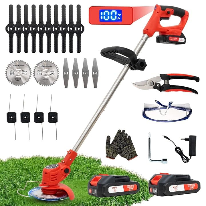 OUTIGO Decespugliatore a Batteria, Decespugliatore Elettrico a Batteria, dotato di 2 batterie e 4 lame, Tosaerba a batteria Tosaerba Pieghevole da 800W,adatto per tagliare l'erba di prati e cespugli