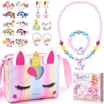 Set di 20 Gioielli per Unicorno Borsetta Bambina, Girls Princess Borse con Accessori per Capelli,Mollette per Capelli,Collana,Bracciale,Anello,Orecchini, Regali di Compleanno 3-9 Anni
