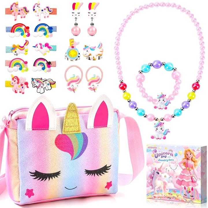 Set di 20 Gioielli per Unicorno Borsetta Bambina, Girls Princess Borse con Accessori per Capelli,Mollette per Capelli,Collana,Bracciale,Anello,Orecchini, Regali di Compleanno 3-9 Anni