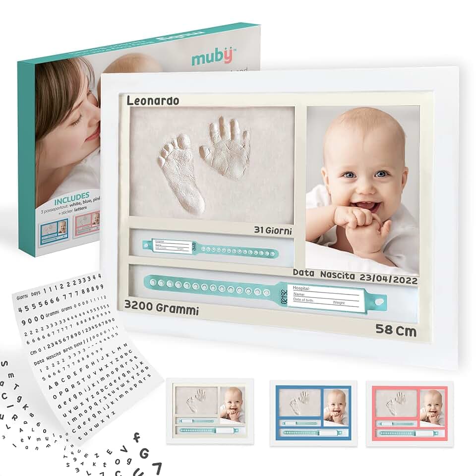 Impronta mani e piedi neonati - Regalo Neonato, Porta bracciali di nascita. KIt impronte neonato, Regali baby shower, Cornice Personalizzabile + letterine adesive. Lista nascita bebè/battesimo. Muby