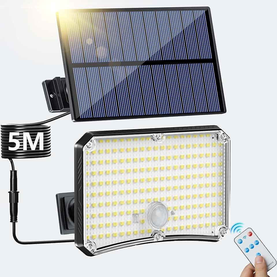 Lampada Solare da Esterno - 200LED Luce Solare LED Esterno con Sensore di Movimento 2200mAh 4 Modes Telecomando Faretto LED da Esterno Solare con Pannello, Luci da Esterno Giardino Solari con 5M Cavo