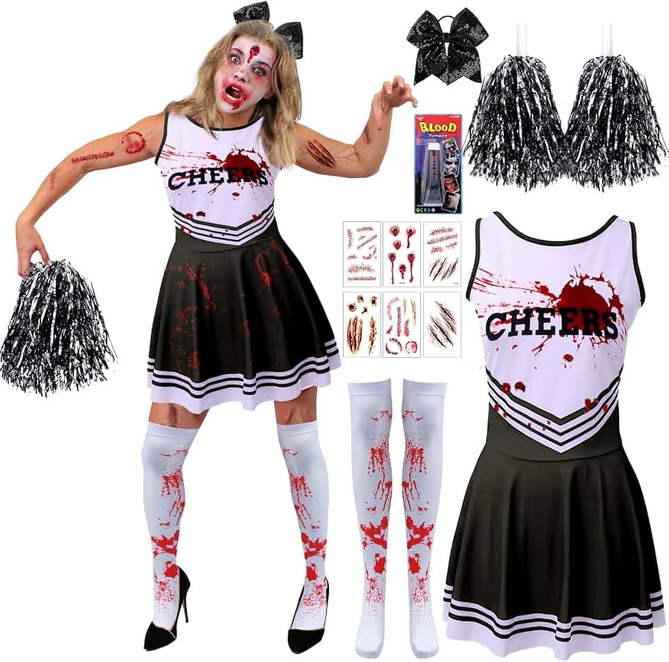 Cheerleader Zombie Donna, Fantasia Costume Cheerleader Halloween, Vestito Cheer-leader Halloween con Pom poms Fascia da Capelli Calzini Cicatrici Tatuaggio Sangue Falso, Cheer-leader Zombie per Party