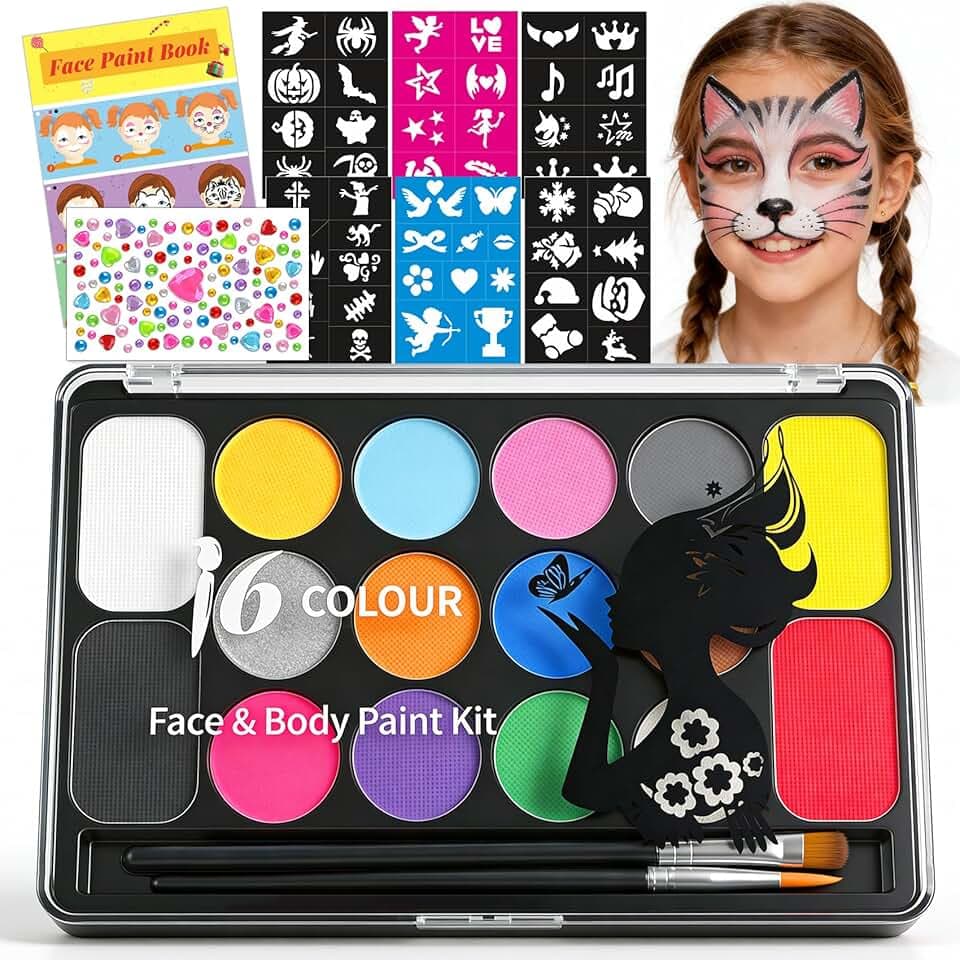 Truccabimbi Kit - 16 Colori Trucco Viso Bambini con 4 Colori Grandi, 52 Stencil e 1 Adesivo con Strass, Truccabimbi set Anallergici Atossici Body Painting per Halloween Carnevale Cosplay