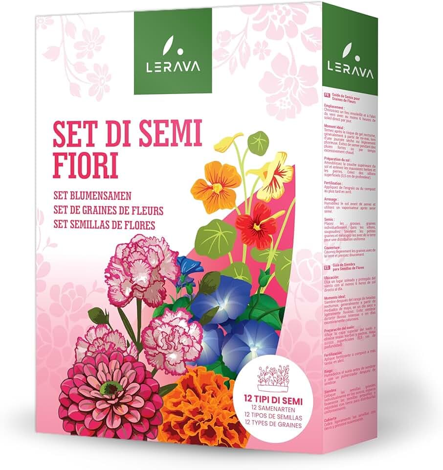 LERAVA Semi Fiori (12 varietà) - Set semi prato fiorito con Margherita, Nasturzio, Zinnia, Tagete, Calendula, Garofano, Myosotis, Astro, Cosmea, Ipomea, Lupino - Fiori annuali e perenni per giardino
