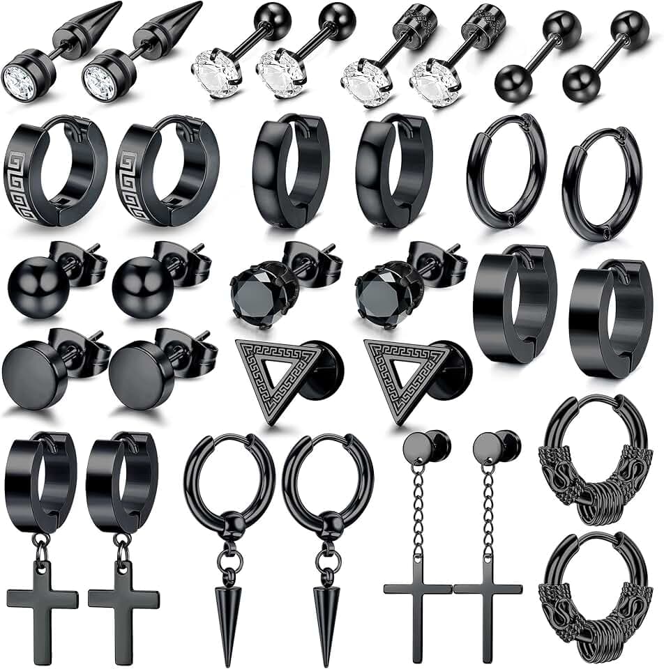 Dochais Orecchini Uomo Acciaio Inossidabile Orecchini a Cerchio Orecchini Pendenti con Croce Piercing Cartilage Zirconi Orecchini Set Punk Orecchino Nero per Uomo Donna ClimeCo Certified