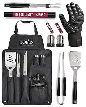HORUS 23® - Set Barbecue con Guanto Ignifugo, Tappetino per Griglia e Grembiule in Oxford con Tasche, Accessori Barbecue in Acciaio Inox