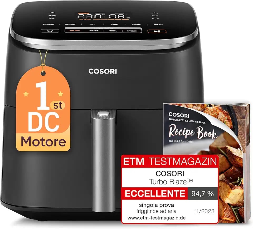COSORI Friggitrice ad Aria Turbo Blaze 6 Litri, Air Fryer con DC Motore Tecnologia, 9 Funzioni & 5 Velocità della Ventola Automatica, 110 Ricette & 96 Tabelle di Cottura degli Ingredienti, 1725W