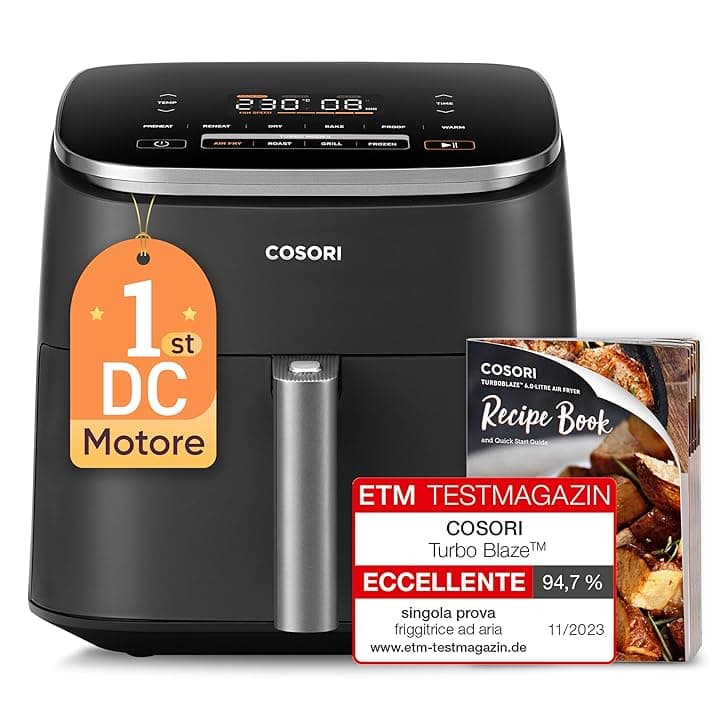 COSORI Friggitrice ad Aria Turbo Blaze 6 Litri, Air Fryer con DC Motore Tecnologia, 9 Funzioni & 5 Velocitร della Ventola Automatica, 110 Ricette & 96 Tabelle di Cottura degli Ingredienti, 1725W