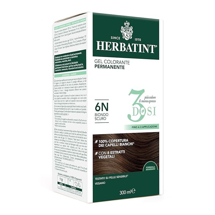 Herbatint Gel Colorante Permanente 3Dosi, 300ml - 6N Biondo Scuro, Senza Ammoniaca, per Pelli Sensibili, 100% Copertura Capelli Bianchi, con 8 Estratti Naturali Bio