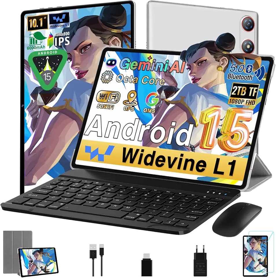 Tablet 10 Pollici Android 15 ｜30GB RAM + 64GB ROM ( TF/2TB )｜5G WiFi 6｜Octa-Core｜ 5MP + 8MP｜ GMS｜1280 * 800 FHD｜Doppia fotocamera ｜Bluetooth 5.0｜ 2026 Newest Tablet 2 in 1 con Tastiera e Mouse,Argento