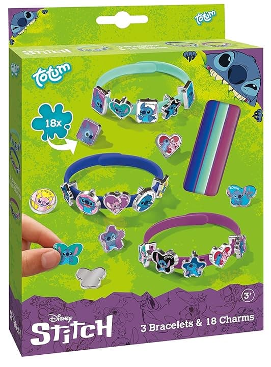 Stitch - Set di 18 ciondoli per bambini | Braccialetti con charm in giallo, blu e rosso per creare il proprio fai da te – Divertimento unico con simpatici motivi a punta, 14 cm, Gomma,