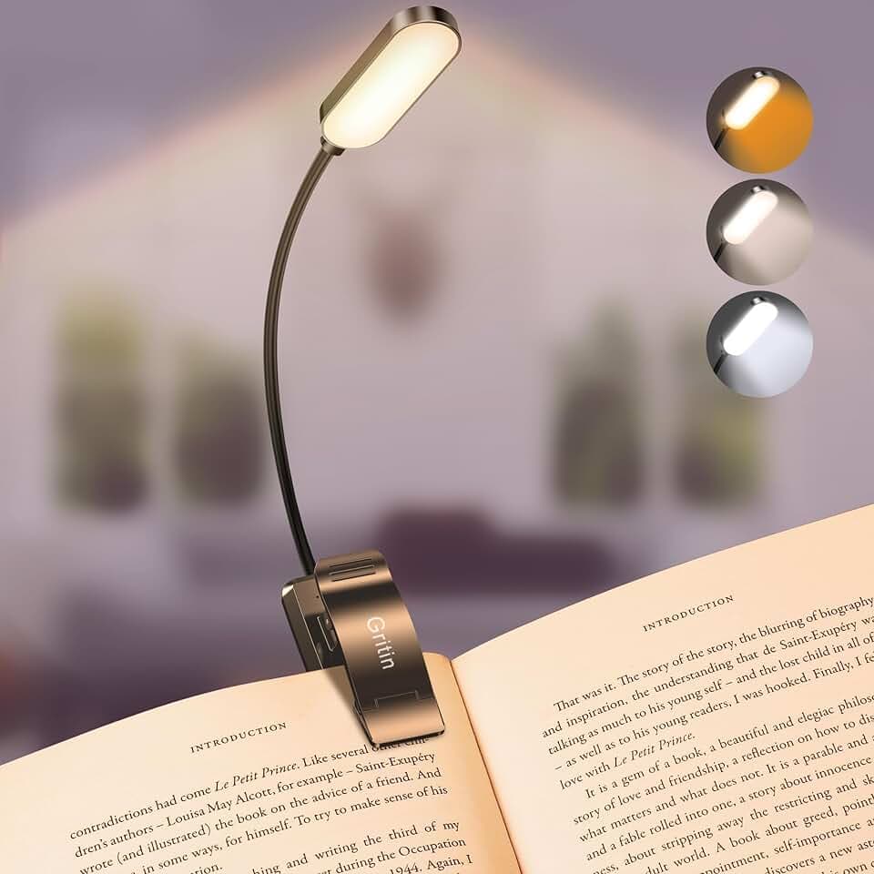 Gritin 16 LED Luce per Lettura Libri a Letto, Ricaricabile Lampada Luce da Lettura per Libro con Clip, 3 Temperatura Colore & Dimmeraggio Sostenibile, 360°Flessibile Lampada Libro per Notturna