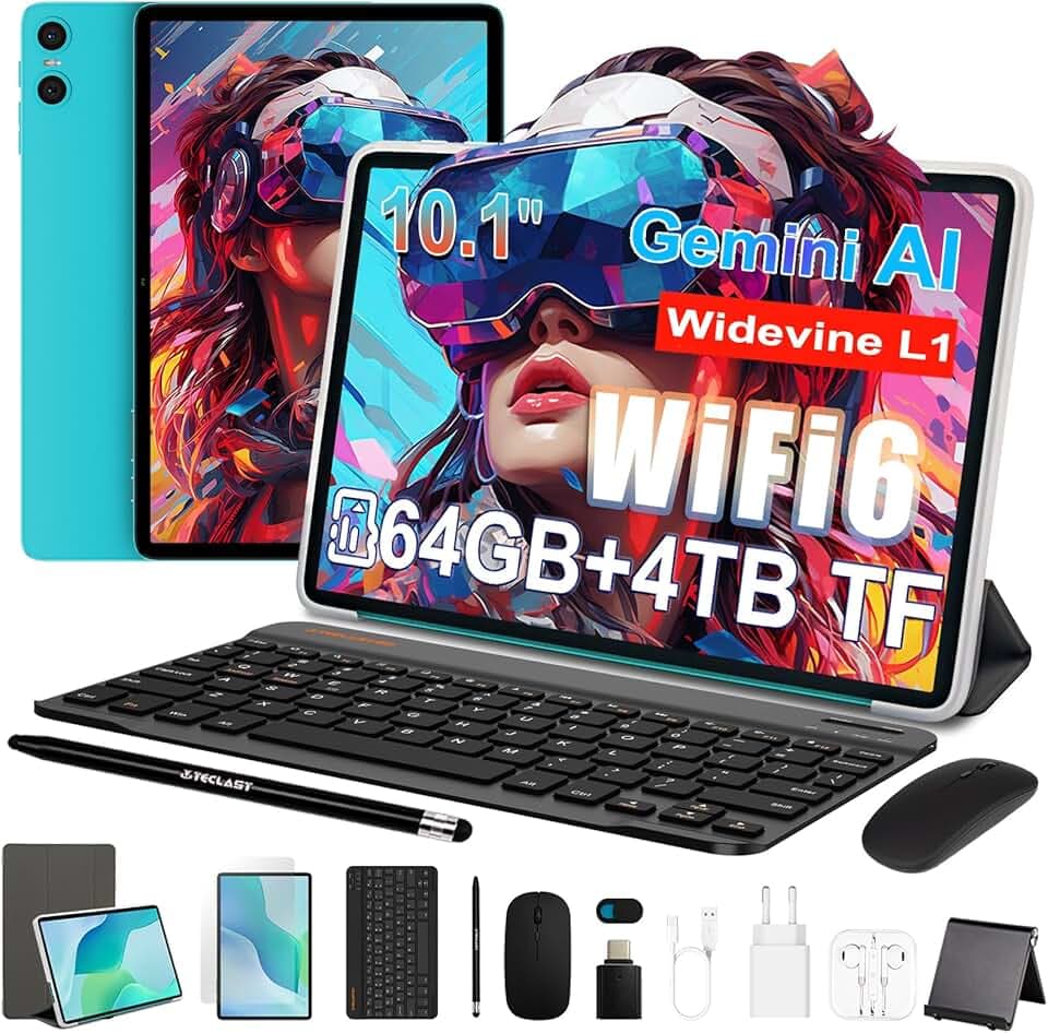 TECLAST P33 Tablet 10.1 Pollici Gemini AI Android Tablets 10 Accessori, 64GB ROM+4TB TF, 2GHz Octa-Core, 5G WiFi/Widevine L1/6000mAh/OTG/Tablet con Tastiera+Custodia+Penna+Mouse+3.5MM Auricolari, 2026