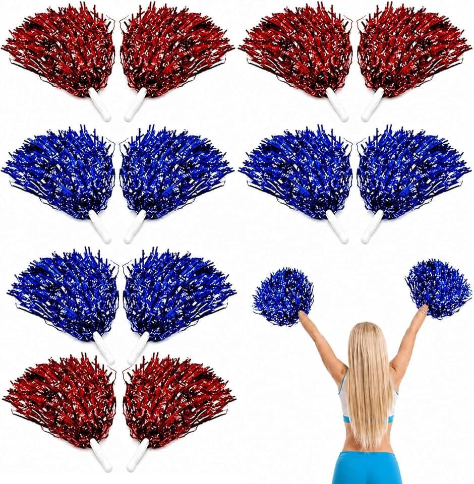 Pompon da Cheerleading 12 Pezzi, 2 Colori (Blu, Rosa e Rosso) con Manico Antiscivolo per Eventi Sportivi, Danze e Spettacoli - Accessori per Squadre, Costumi e Spiritosi