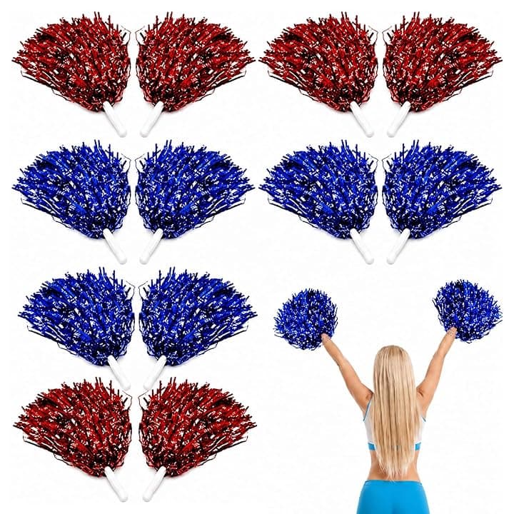 Pompon da Cheerleading 12 Pezzi, 2 Colori (Blu, Rosa e Rosso) con Manico Antiscivolo per Eventi Sportivi, Danze e Spettacoli - Accessori per Squadre, Costumi e Spiritosi