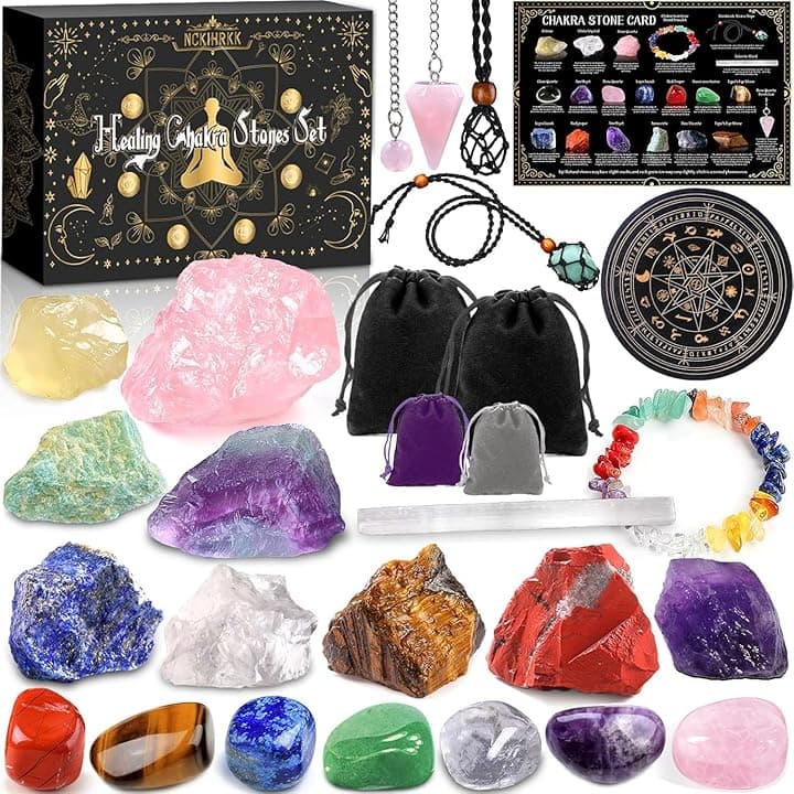 NCKIHRKK NCKIHRKK Set Regalo di Pietre e Cristalli Naturali, Pietre Chakra Cristalli Chakra Set, con Drusa di Ametista, per Reiki Yoga, il sonno e lo studio, Cristalloterapia Guarigione Pietra Grezza Naturale