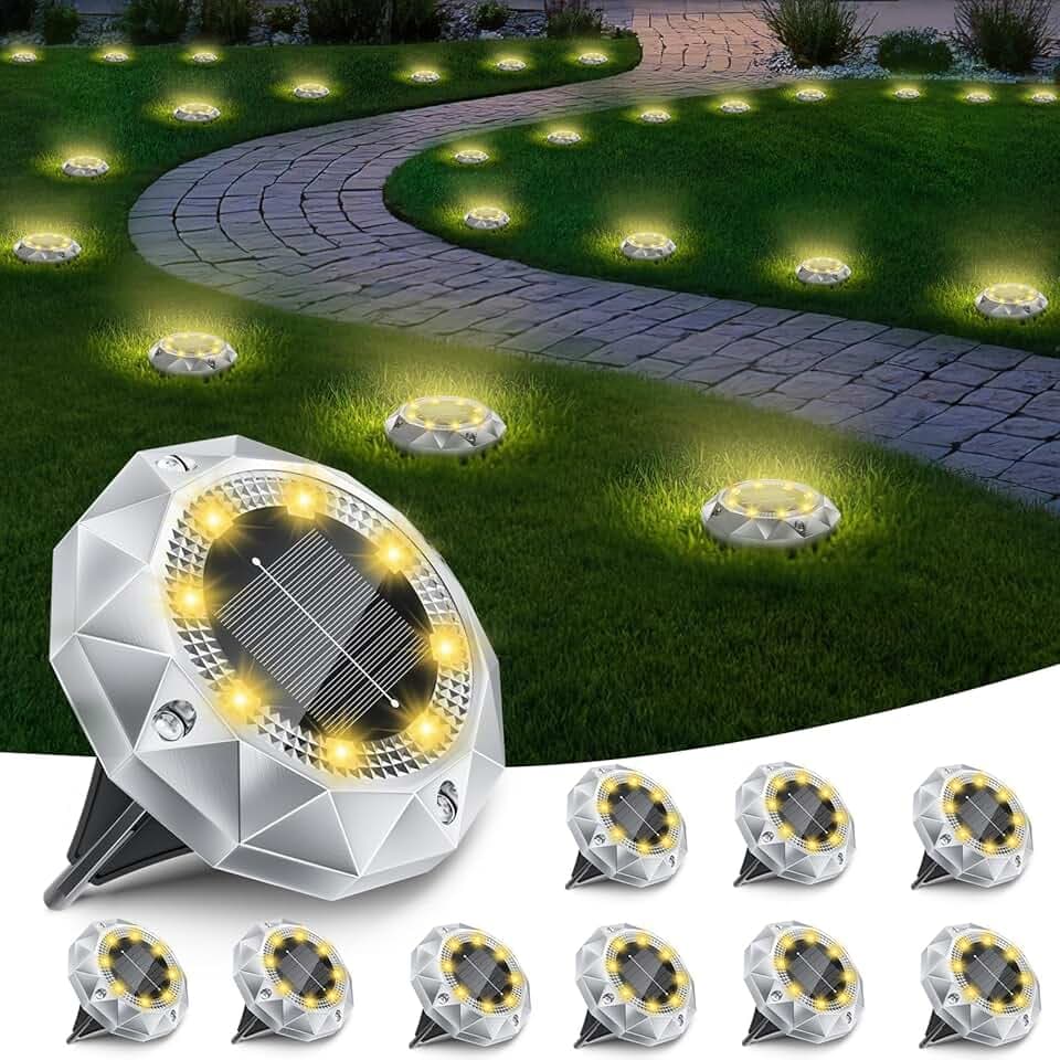 10 Pezzi Luci Solari da Giardino, 8 LED Faretti Sepolta Solari a Led da Esterno IP65 Impermeabile, Luci Solare Decorazione Lampade Solare da Terra per Cortile Prato Vialetto Paesaggio,Bianco Caldo