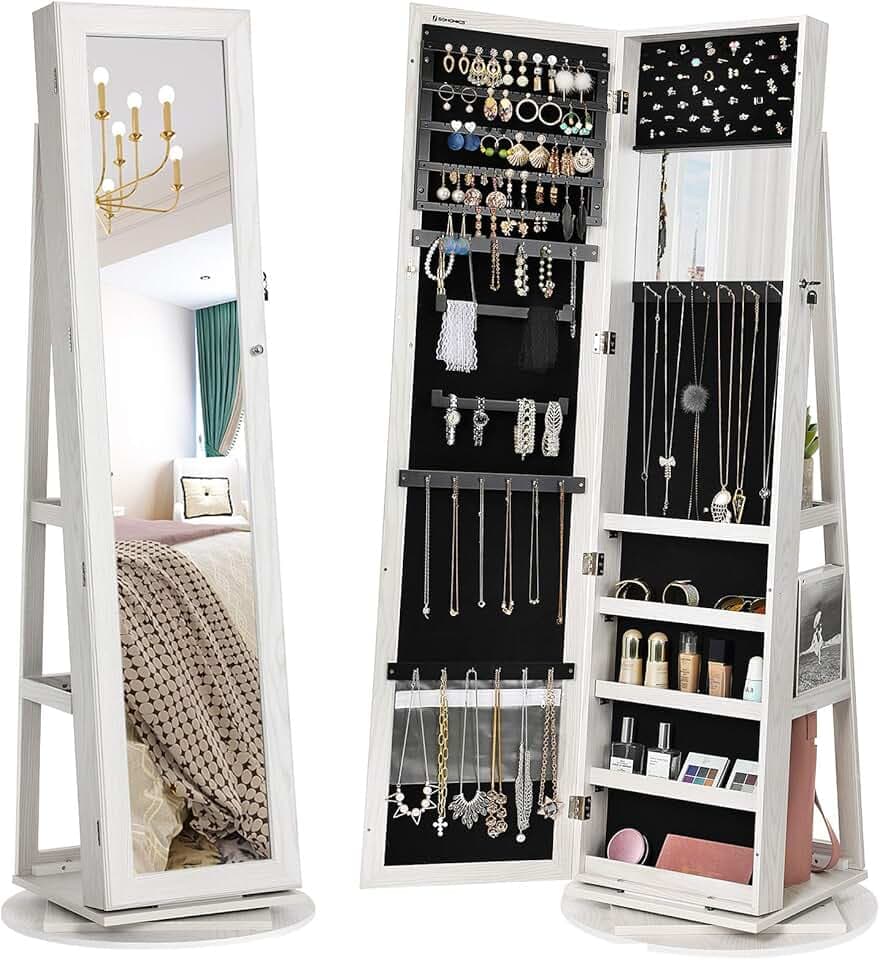 SONGMICS SONGMICS Armadietto Portagioie Girevole a 360° Specchio a Figura Intera, Specchiera Portagioielli con Serratura, Specchietto Interno, Ripiani sul Retro, Bianco con Venature Grigie Chiare JBC62W The Forest Stewardship Council