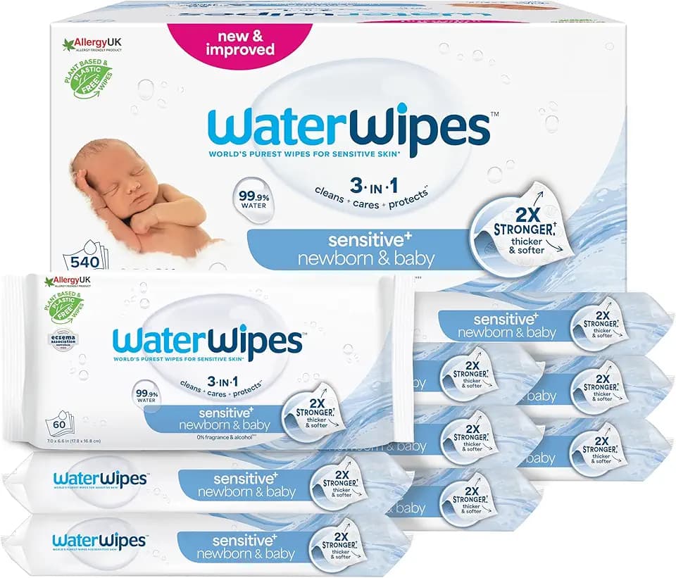WaterWipes Sensitive+ Newborn & Baby Wipes, Salviettine per Neonati e Bambini, 540 Pezzi (9 Confezioni), Deterge, Cura, Protegge, 99,9% Acqua, Senza Profumo
