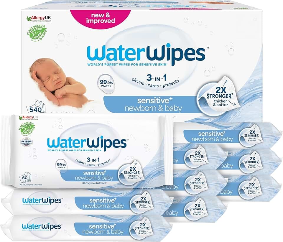 WaterWipes Sensitive+ Newborn & Baby Wipes, Salviettine per Neonati e Bambini, 540 Pezzi (9 Confezioni), Deterge, Cura, Protegge, 99,9% Acqua, Senza Profumo