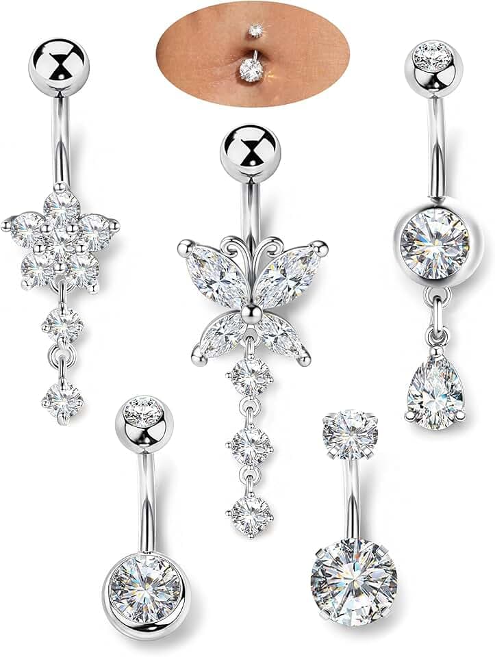 ORAZIO 5 Pezzi Piercing Ombelico Oro Argento Donna Acciaio Chirurgico Pendente Piercing Ombelico Anello 10MM Ipoallergenici Farfalla Zircone Navel Piercing Donna