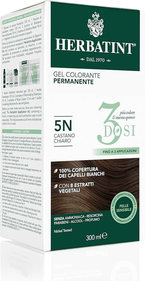 Herbatint Gel Colorante Permanente 3Dosi, 300ml - 5N Castano Chiaro, Senza Ammoniaca, per Pelli Sensibili, 100% Copertura Capelli Bianchi, con 8 Estratti Naturali Bio