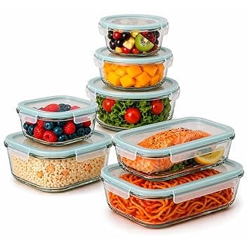 edihome, Contenitori Ermetici per Alimenti Vetro, 8,14 o 18 pezzi (contenitori + coperchi), a tenuta d'aria, a prova di perdite - Senza BPA, approvato dalla FDA e dal FSC (7 contenitori)
