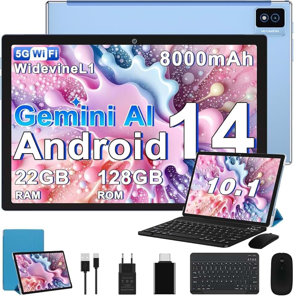 Tablet 10 Pollici Tablets Android Octa-Core 2.0 GHz, 22GB RAM+128GB ROM (1TB TF) 5G/2.4G WiFi 6, Widevine L1/GMS/Involucro in metallo/BT5.0/8000mAh/5+8MP, Tablet con Tastiera e Mouse - Blu