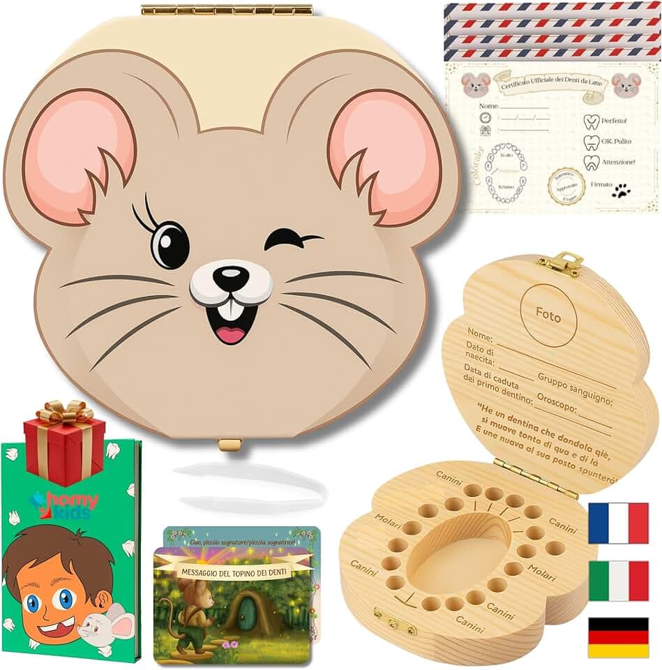 HOMYKIDS® Scatola Dentini da Latte per Bambino ITALIANO + [e-book GRATUITO] - Scatolina porta Dentini da Latte Topolino dei Dentini/Fatina dei Denti (Italiano - Topolino dei Dentini)