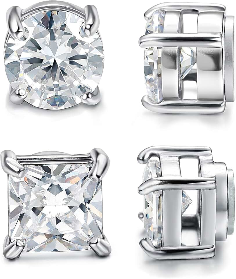 CASSIECA 2 Paia Orecchini Magnetici Uomo, Orecchio Finti Uomo, Orecchini Magnetici Zirconi Cubici Argento Clip Non Piercing Orecchio Falso 5/6/7mm ClimeCo Certified