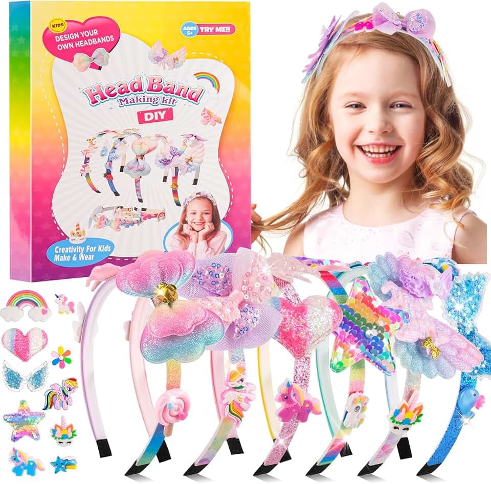 WuGU Kit per La Creazione di Cerchietti per Capelli, 49 Pezzi Set di Accessori per Capelli fai da te, Regalo per Ragazze di 5 6 7 8 9 10 Anni, Regali di Compleanno e Natale per Bambina