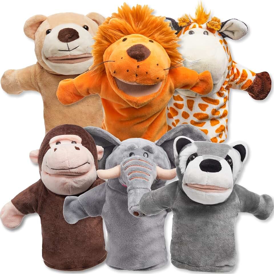 JOYIN Zoo amici Burattini di animali da mano con peluche a bocca aperta mobile (confezione da 6) per giochi fantasiosi