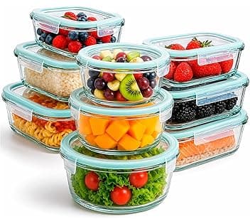 edihome, Contenitori Ermetici per Alimenti Vetro, 8,14 o 18 pezzi (contenitori + coperchi), a tenuta d'aria, a prova di perdite - Senza BPA, approvato dalla FDA e dal FSC (9 contenitori)