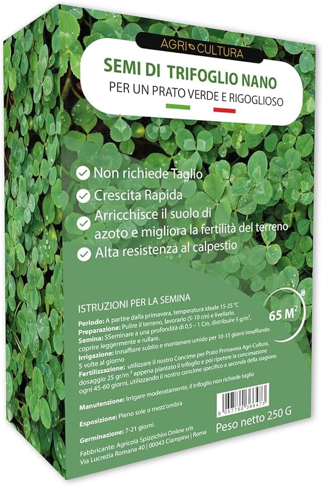 AGRI-CULTURA® | Semi Trifoglio Nano 65m² | Prato Sempre Verde Senza Taglio | Fissa l' Azoto migliorando la struttura del terreno | Alta Resistenza al Freddo | Ideale Sole e Ombra.