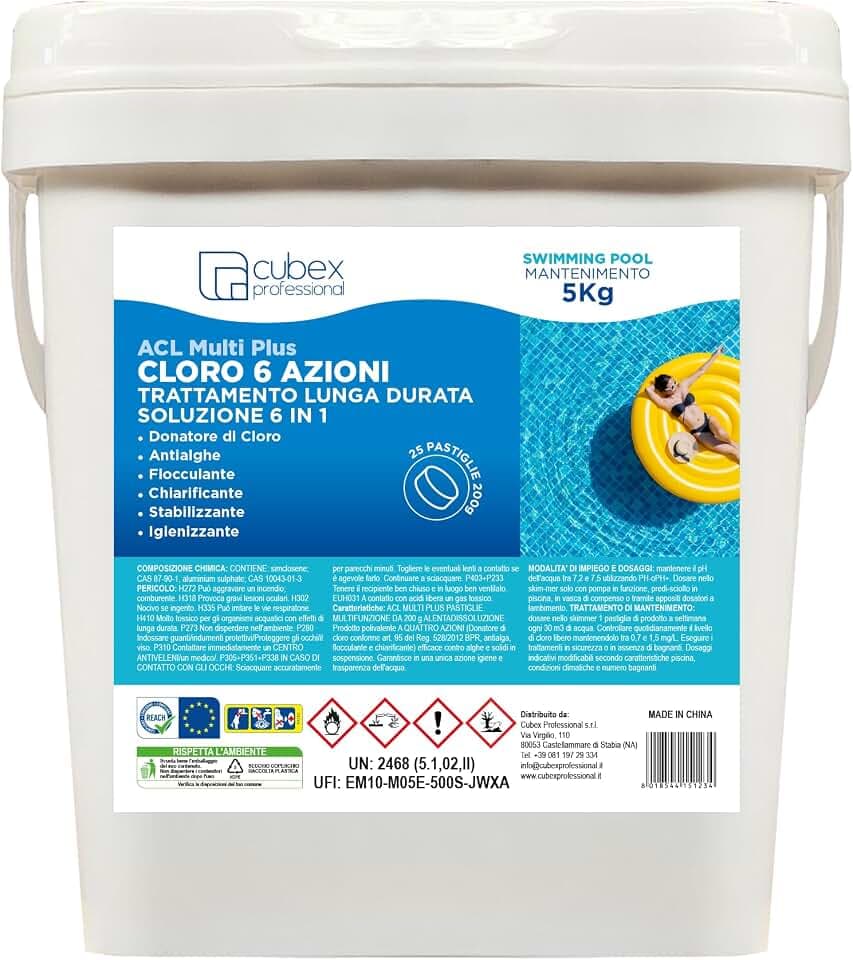 Cubex Professional ACL Multiplus 5 kg| 25 pastiglie da 200 g| Pastiglie cloro per piscina multifunzione 6 azioni | Donatore di Cloro| Antialghe| Flocculante| Chiarificante| Stabilizzante|Igienizzante