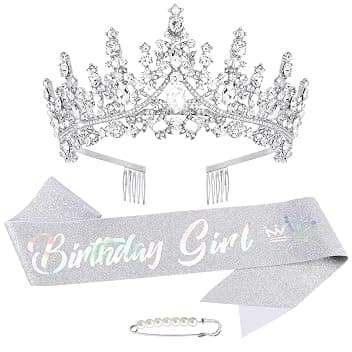Fascia Corona Compleanno Donna Tiara Coronas da Regina con Strass e Spilla con Perla Diadema Glitter “Birthday Girl” Sash Compleanno Decorazione Regalo Ragazze Accessori per Feste